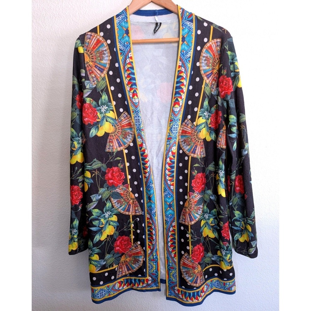Noracora Mediterranean Floral Lemon Print Longline Boho Cardigan M